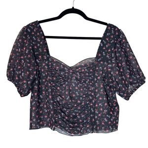 Topshop Floral Ditsy Mesh Sheer Ruched Puff Sleeve Black Pink Crop Top Size 12